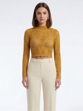 Beautiful Mustard Yellow Mockneck Lace Long Sleeve Top